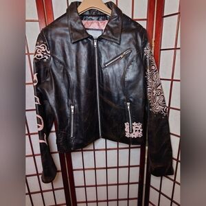 Maxima Black Leather Jacket with Pink Details